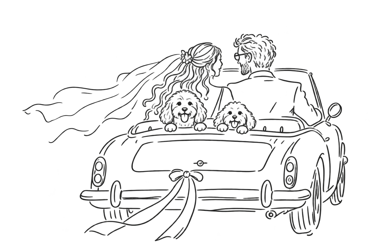 Ilustración de Laura y Kelvin con sus perritos en un carro descapotable