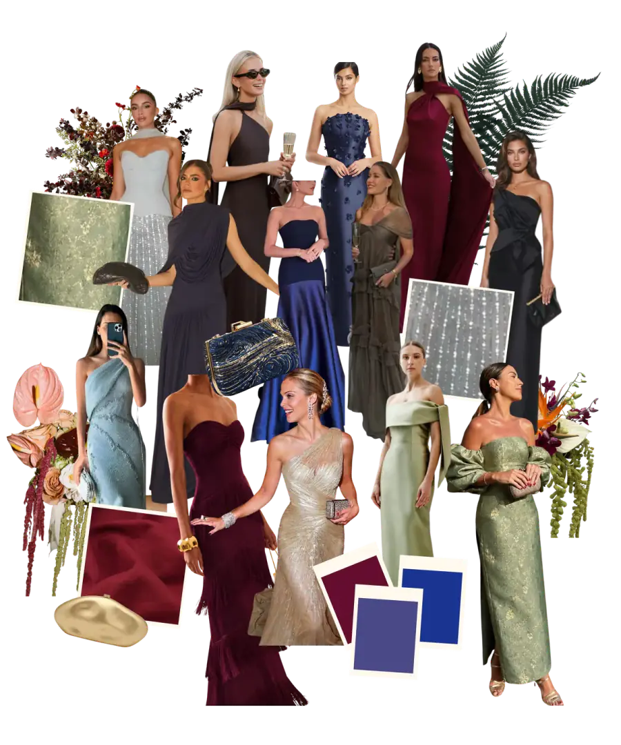 Inspiración para ellas: vestidos largos de gala en vino, azul marino, azul rey, verde salvia, dorado y negro.