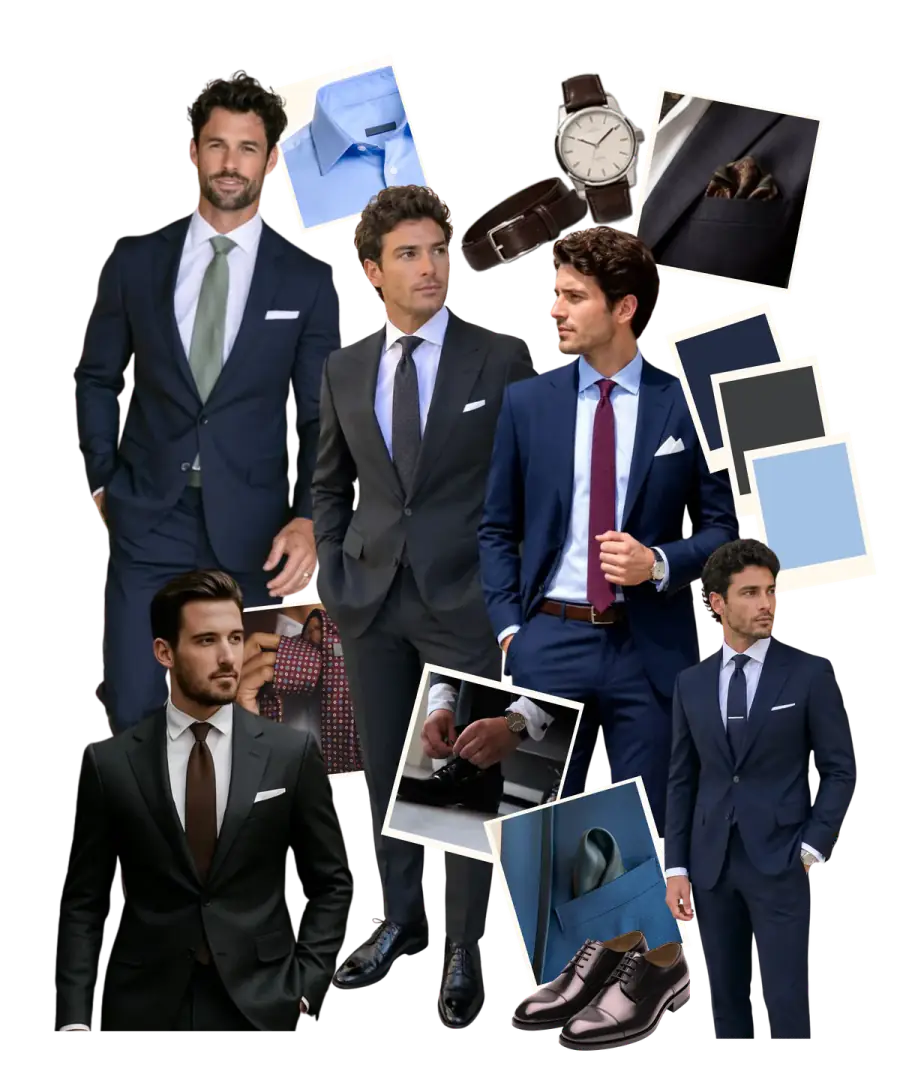 Inspiración para ellos: trajes oscuros en azul marino, gris carbón y negro, camisa blanca o celeste, corbata y zapatos de vestir.